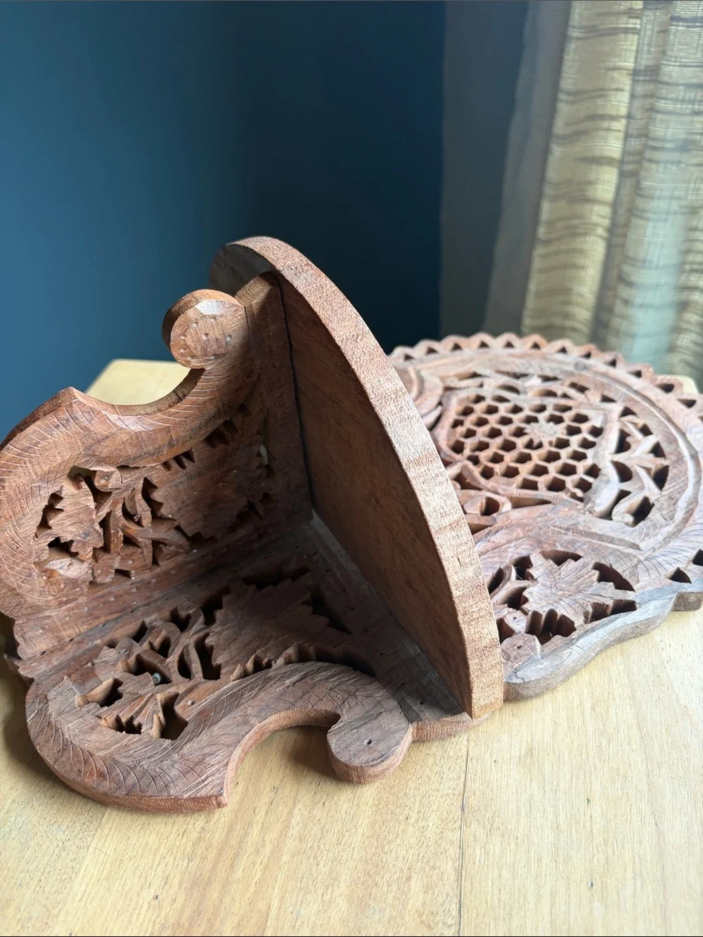 Hand-Carved Brown Wooden Wall Shelf